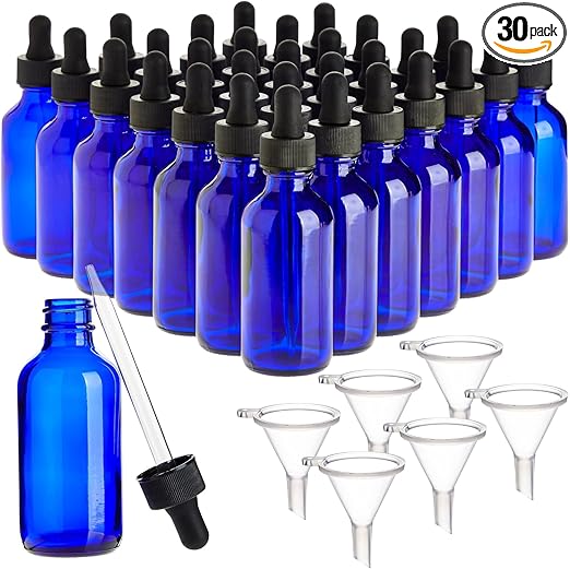 Juvale Blue Glass Eye Dropper Bottles (30 Pack, 2 Oz) with 6 Funnels for Essential Oils, Travel Aromatherapy Perfume, Liquid Cosmetics (36 Pieces)
