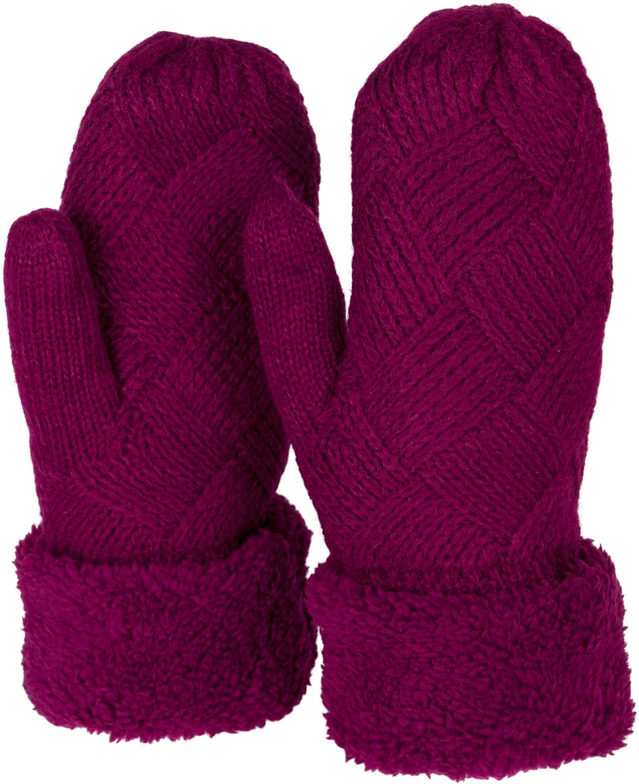 Stylebreaker Women's Claret-Red Warm Winter Knitted Mittens, Gloves With Diamond Pattern, Thermo Fleece, Knitted Gloves 09010031, Colour: