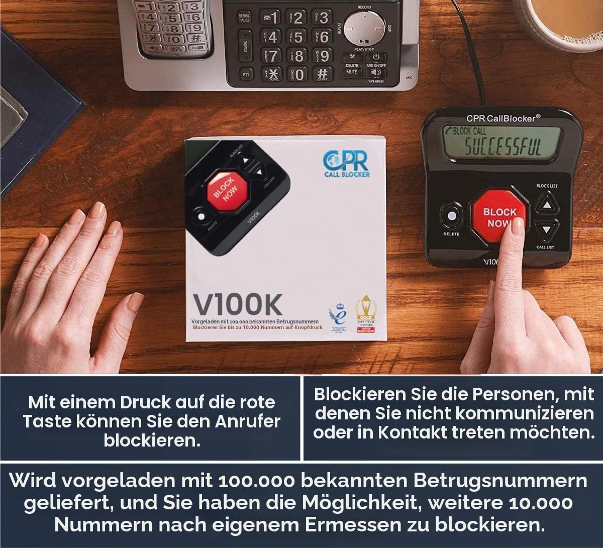 CPR Call Blocker Für Festnetztelefone – Stoppen Sie alle unerwünschten lästigen Anrufe auf Knopfdruck – funktioniert mit Ihrem vorhandenen Haustelefon (V100K)