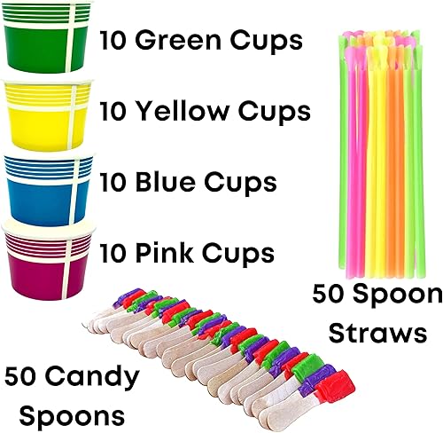 Miniatura 2 de Kit de 140 piezas de cono de nieve multicolorhielo afeitado  Incluye 40 tazas amarillas, rosas, verdes y azules, 50 cucharas de caramelo y 50