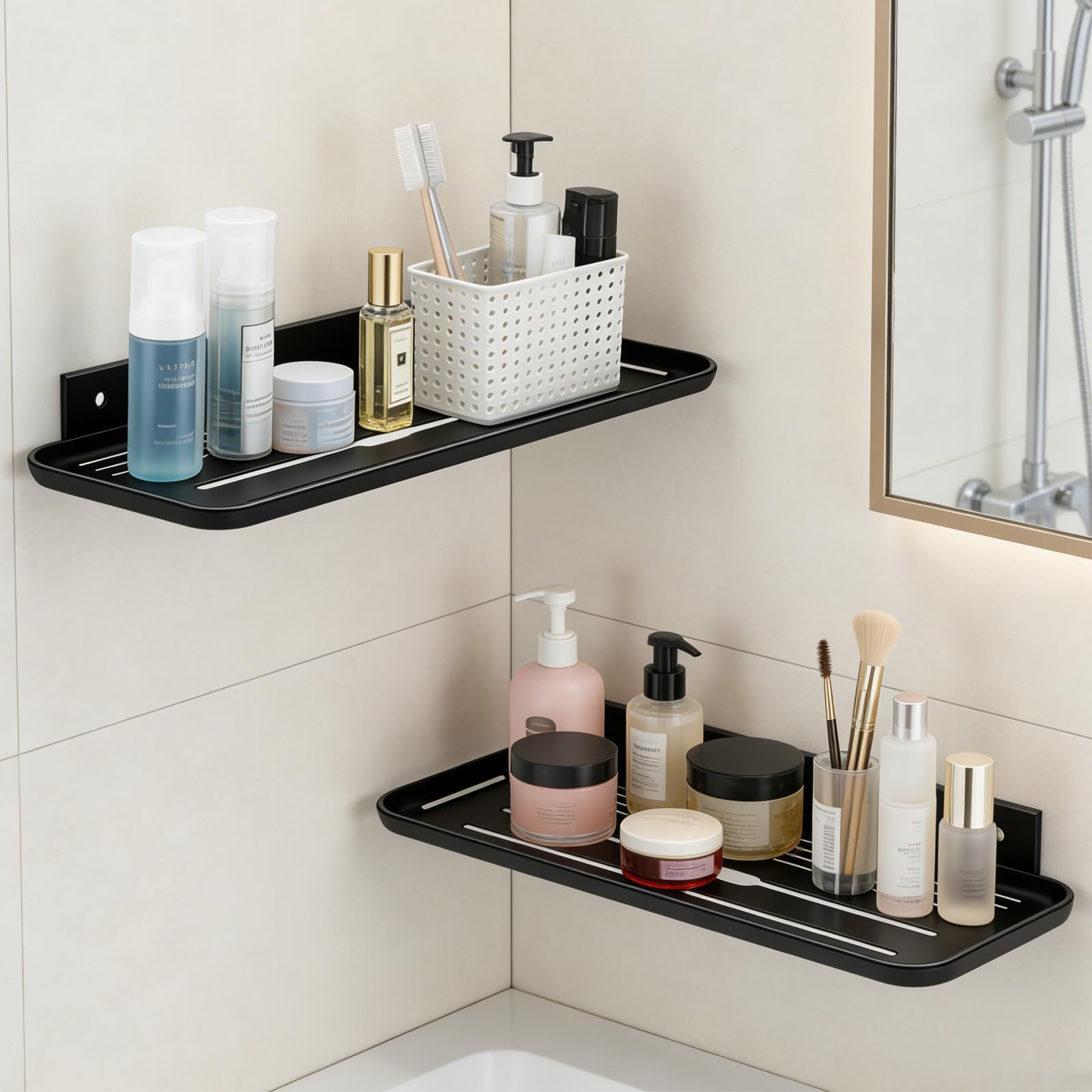 No Drill Adhesive Wall Shelf, Floating Shelves Damage-Free Expand Walls Space for Living Room Kitchen Bathroom Wall Mounted Floating Shelf, Self Adhesive Shelf