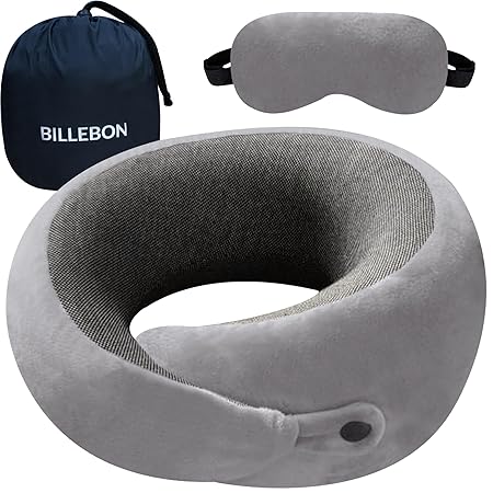 Billebon Ultrasoft Memory Foam Neck Pillow for Travel, Lightweight Comfortable & Breathable Cover, Airplane Travel Pillow Combo with Premium Eye Mask and Carry Bag. (Grey)
