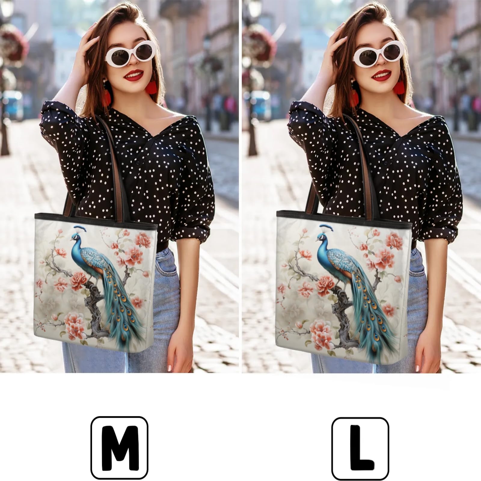 Vintage Floral Peacock Tote Bag Multi Pocket Zippered Beach Bag Lightweight Waterproof Handbag for Women Men Work Gym Travel Swimming Yoga Grocery Shopping M