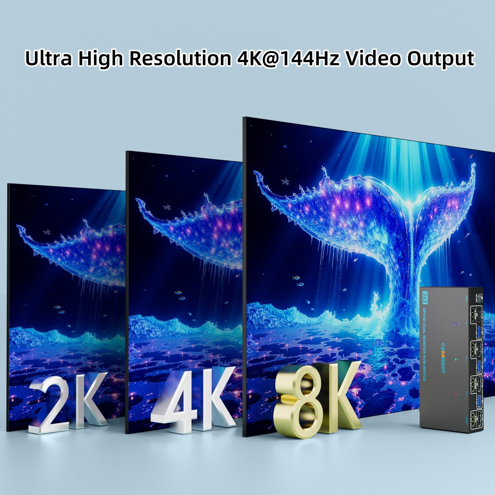HDMI Displayport KVM Switch 3 PC 2 Monitore 4K@144Hz, mit 4 USB 3.0 Ports | Dual Monitor KVM Switch für 3 Computers teilen 2 Monitors und Tastatur,Maus,Drucker, HDMI DP KVM mit wird remote,12V Netzteil