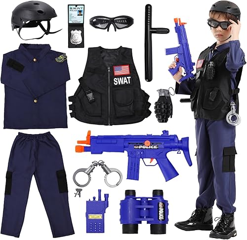 Kodvinp Disfraz de oficial de policía para niños, disfraz SWAT para niños con chaleco, disfraces completos de Halloween para niños de 3 a 10 a 12