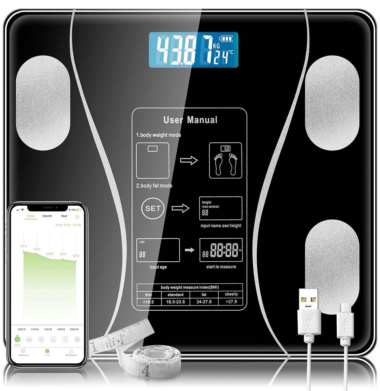 Nnewvante Bluetooth Body Fat Monitors Digital Scale for Bathroom Scale Measure Weight and Body Fat BMI Body Composition Analyzer Kitchen Scale (Black)