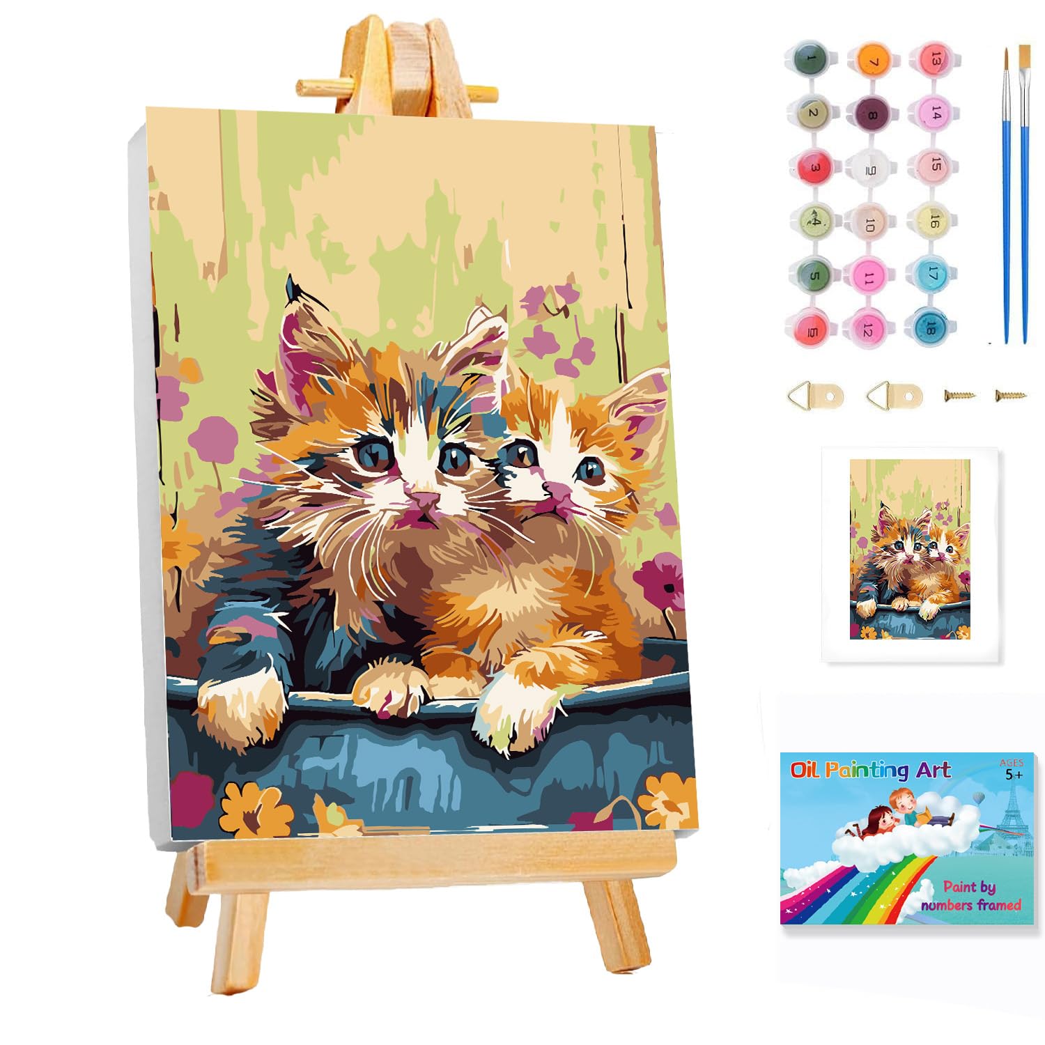 GOUGOUFAFA Katze Malen Nach Zahlen Kinder- Katze Malen Nach Zahlen ab 5 6 7 8 9 Jahre Mädchen Jungen, Malen Kinder mit Rahmen 2 Pinsel und Acrylfarben, 20X30cm