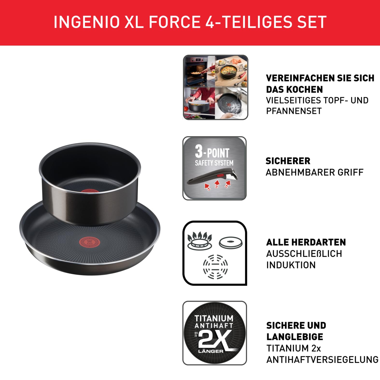 Tefal Ingenio XL Force 4-teiliges Kasserollenset, Topfset abnehmbarer Griff, 16/18/20 cm, platzsparend, Töpfe mit Titanium 2X Antihaftversiegelung, einfache Handhabung und Reinigung, L15890