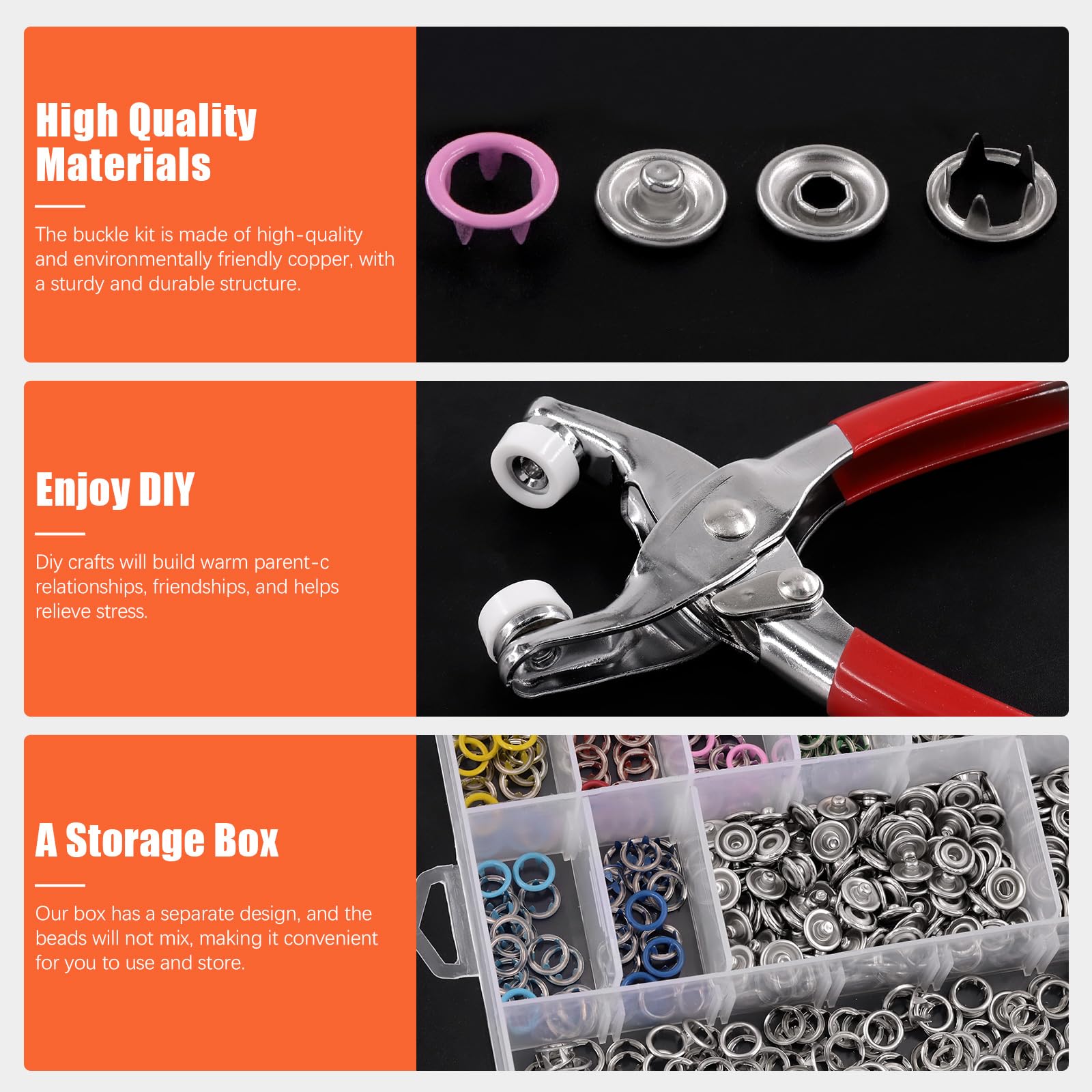Tanstic 807 stuks (200 sets) Drukknopen met bevestigingtang Druk Tool Kit, 9 ,5 mm 10 Kleuren Holle Metalen Snap Bevestigingsmiddelen met Bevestigingtang, Punch, Zachte liniaal, Naaien Krijt voor