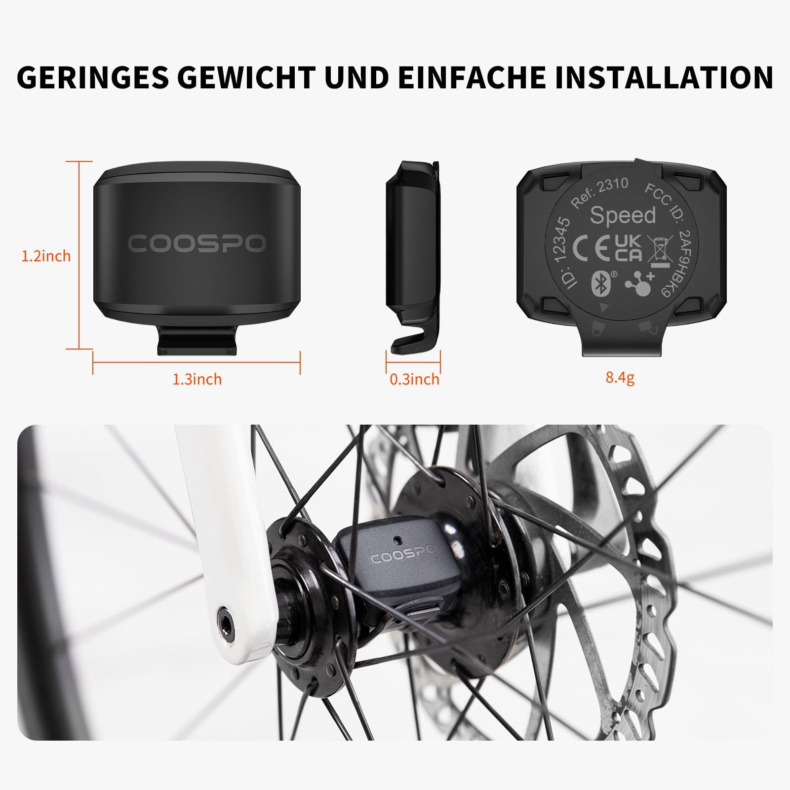 COOSPO BK9 Geschwindigkeitssensor/Trittfrequenzsensor Bluetooth5.0 ANT+, Drahtloser Fahrraddrehzahlsensor RPM Speed Sensor IP67 Wasserdichter Low Energy Technologie