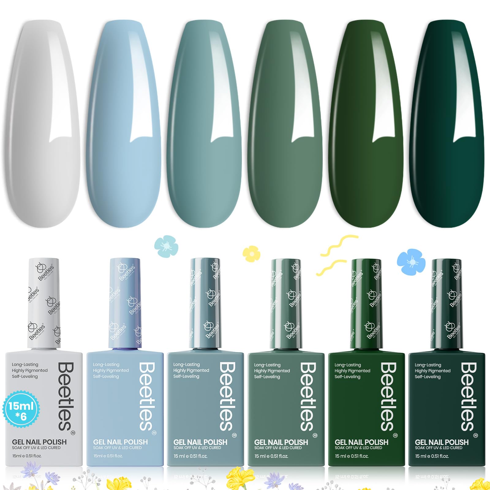Beetles Gel Nail Polish Set, 6 Colors 15ML Green Gel Nail Polish Kit Nails Misty Gray Dark Green Baby Blue Full Size Nail Gel Polish Soak Off UV Lamp