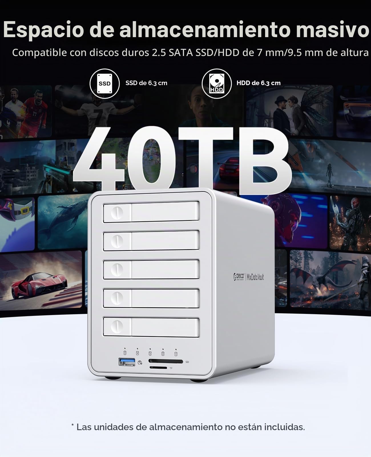 ORICO Caja para Discos Duros Raid All-Flash de 5 Bahías, Compatible con SSD SATA de 2,5 Pulgadas admite SSD SATA y Discos Duros de 2,5 Pulgadas con un Grosor de 7 mm o 9,5 mm - 8858RC3