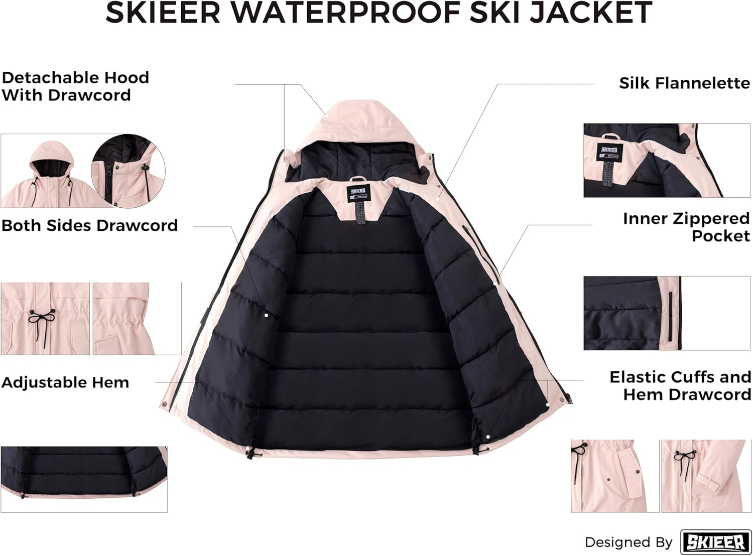 Skieer Women's Waterproof Ski Jacket Hooded Winter Puffer Jacket Warm Snow Coat - Image 3