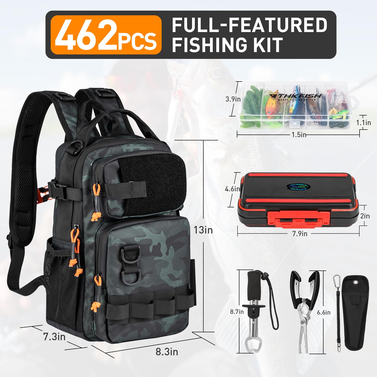 THKFISH 462-teiliges Angelwerkzeug-Set, Rucksack und Angelkasten mit Angelgerät, inklusive Köder, Haken, Senkblei, Zubehör-Set, Zange, Fischlippengreifer, Angelausrüstung und Angelgeschenk für Männer
