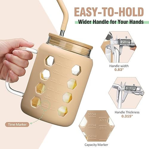 Miniatura 2 de MUKOKO Vaso de vidrio de 32 onzas con tapa de bambú y pajilla, botellas de agua de vidrio con marcador de tiempo, taza de café helado con asa, dos