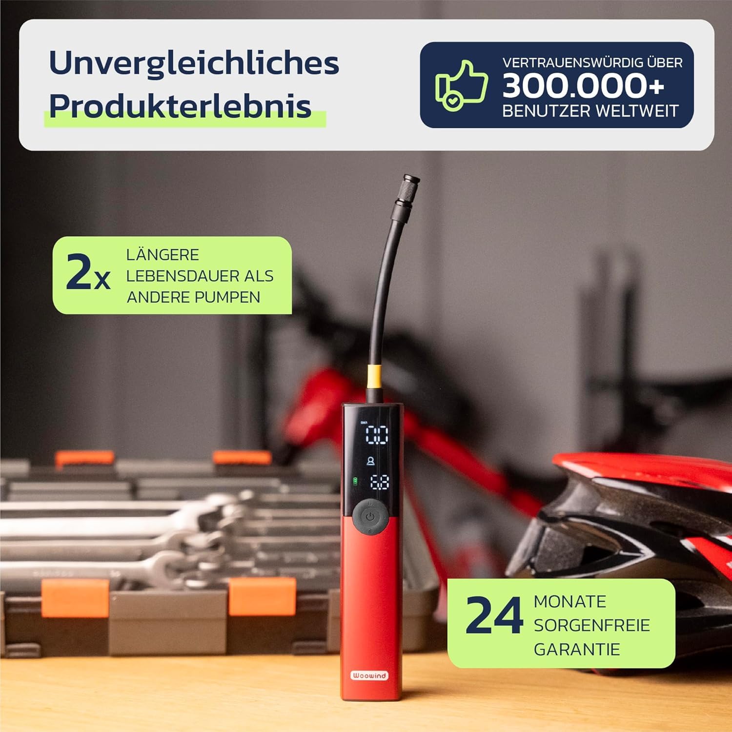Woowind BP188 Elektrische Fahrradpumpe, Akku Luftpumpe 120-150PSI, Akku Kompressor für Auto, Fahrrad, Motorrad, Elektrische Pumpe Kompatibel mit Allen Ventilen