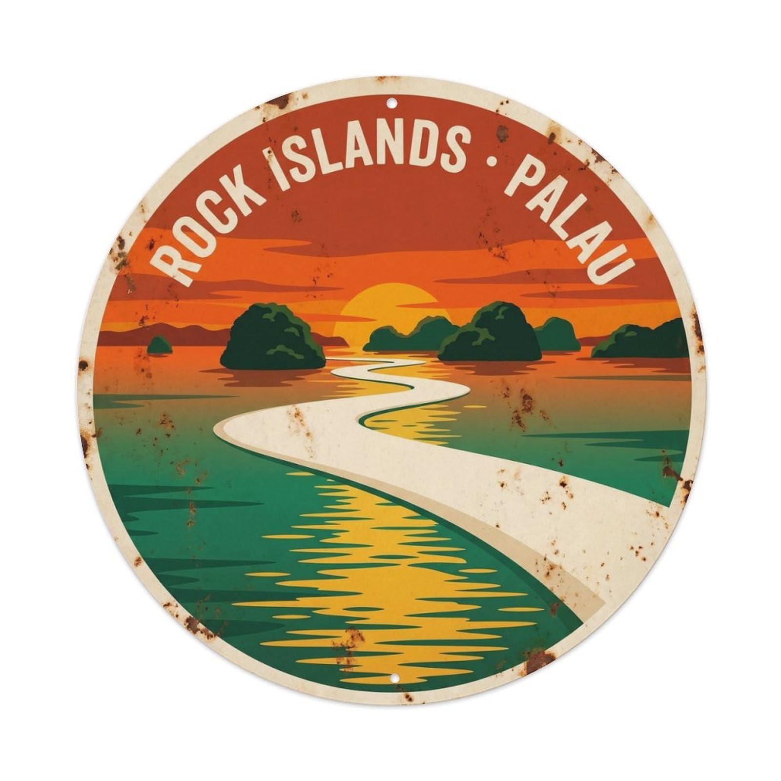 Olyhtr 8X8inch Classic Style Palau Ngerchong Sandbar Coastal Travel Sunset Rock Metal Tin Sign