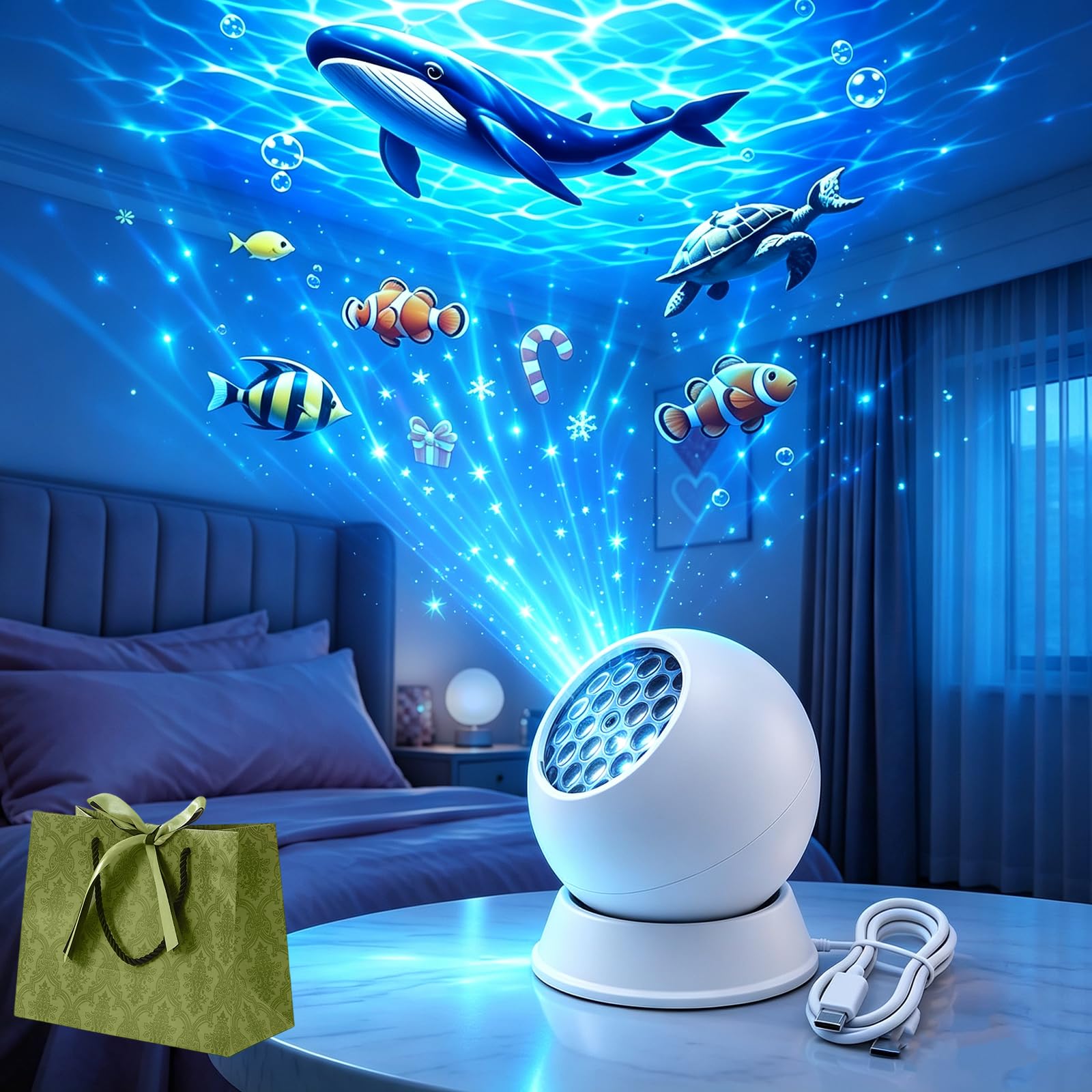 Ocean Night Projector, 360° Rotating LED Ocean Wave Projector Lamp (D,USB)