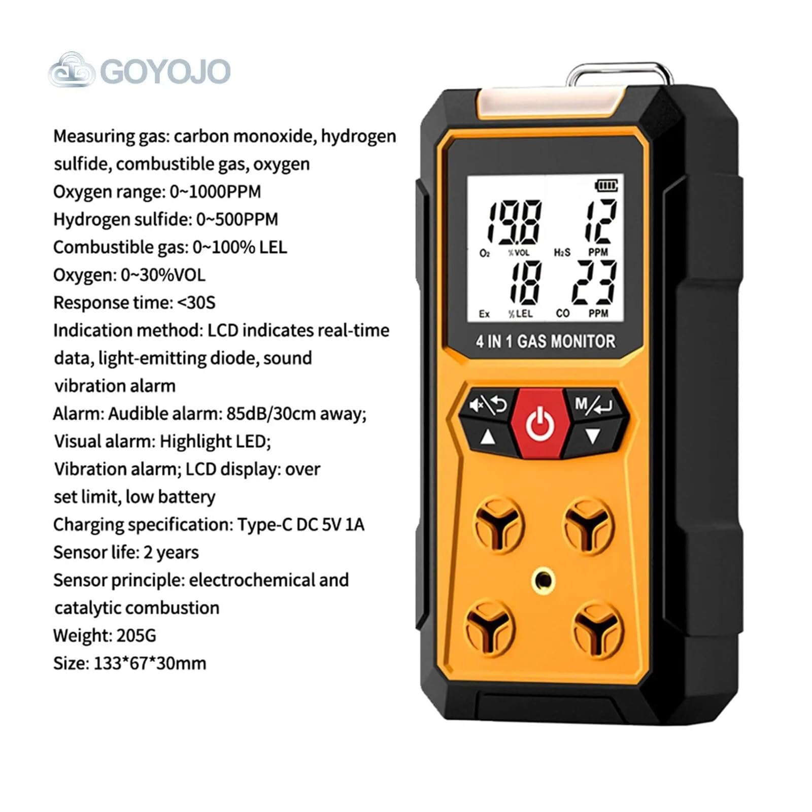 Detector de Gas, Detector de fugas de gas 4 en 1 (H2S, EX, O2, CO): monitor de seguridad confiable for el hogar y el lugar de trabajo con detección precisa