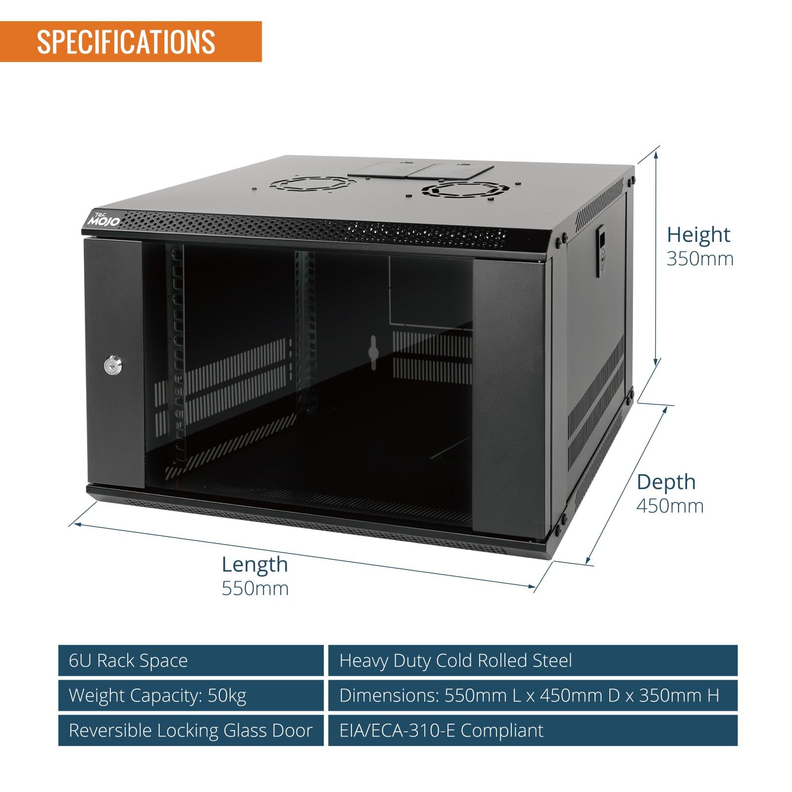 Tecmojo Armoire Réseau 19 Pouces 6U, Profondeur 450mm, Armoire Serveur Murale, Boîtier de Rack Réseau Informatique, Porte et Panneaux Latéraux Verrouillables, Porte Vitrée, Emballage à Plat, Noir