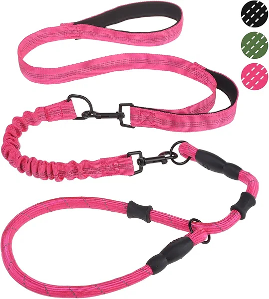 KOOLTAIL Slip Lead Dog Leash with Padded Double Handles, 6FT Heavy Duty No Pull Dog Training Leash, Reflective Removable Multiple Use Pet Bungee&Rope Leashes and Collar for Medium Large Dogs, Pink