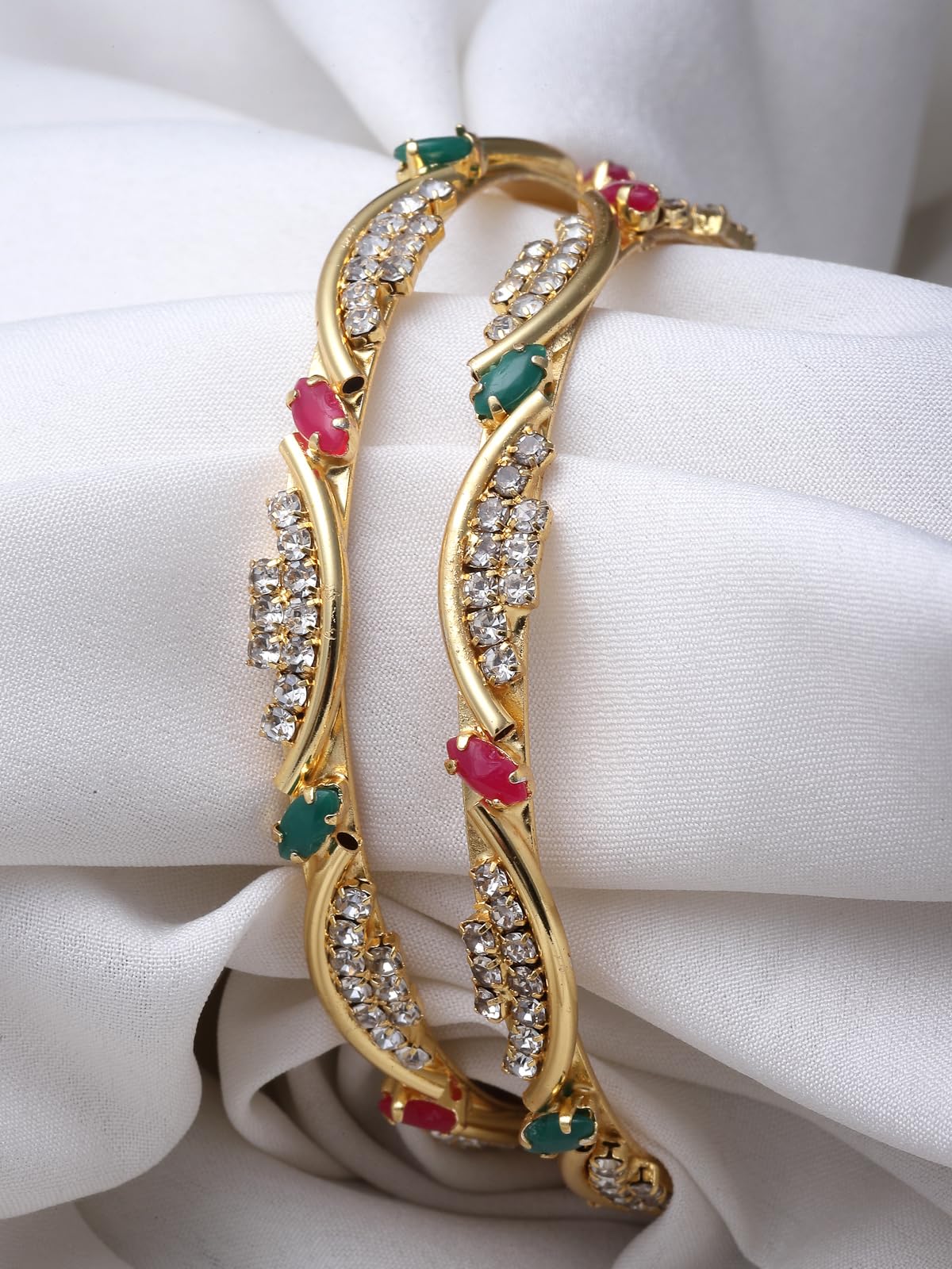 Plated Red & Green AD Stones Studded Bracelet Bangle Set