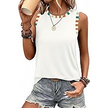 Tank Tops for Women Round Neck Boho Color Block Sleeveless Tops Summer Beach Vacation Clothes Curved Hem