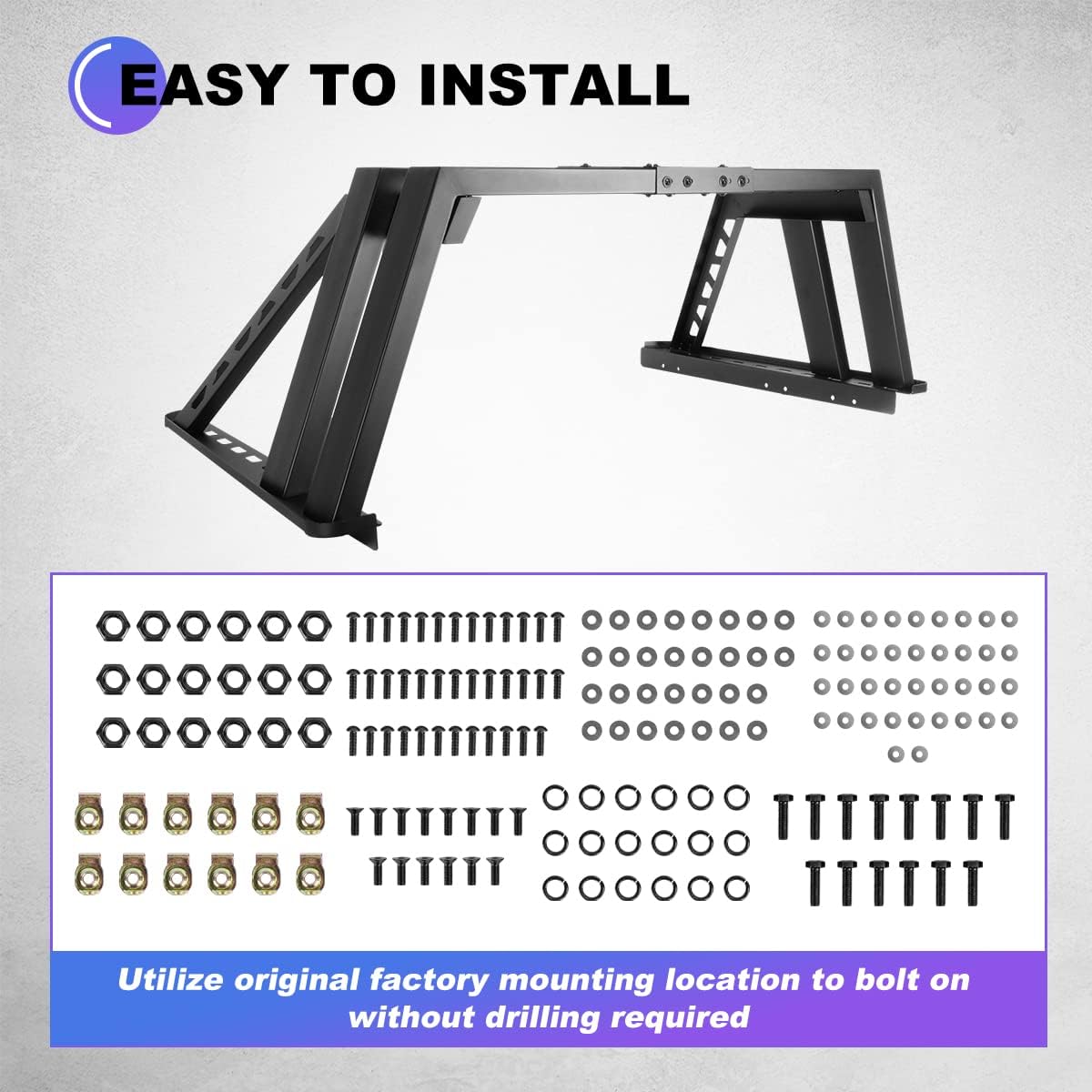 Image showing the WOLFSTORM Truck Bed Roll Bar assembly and a variety of mounting hardware components including bolts, nuts, and washers.