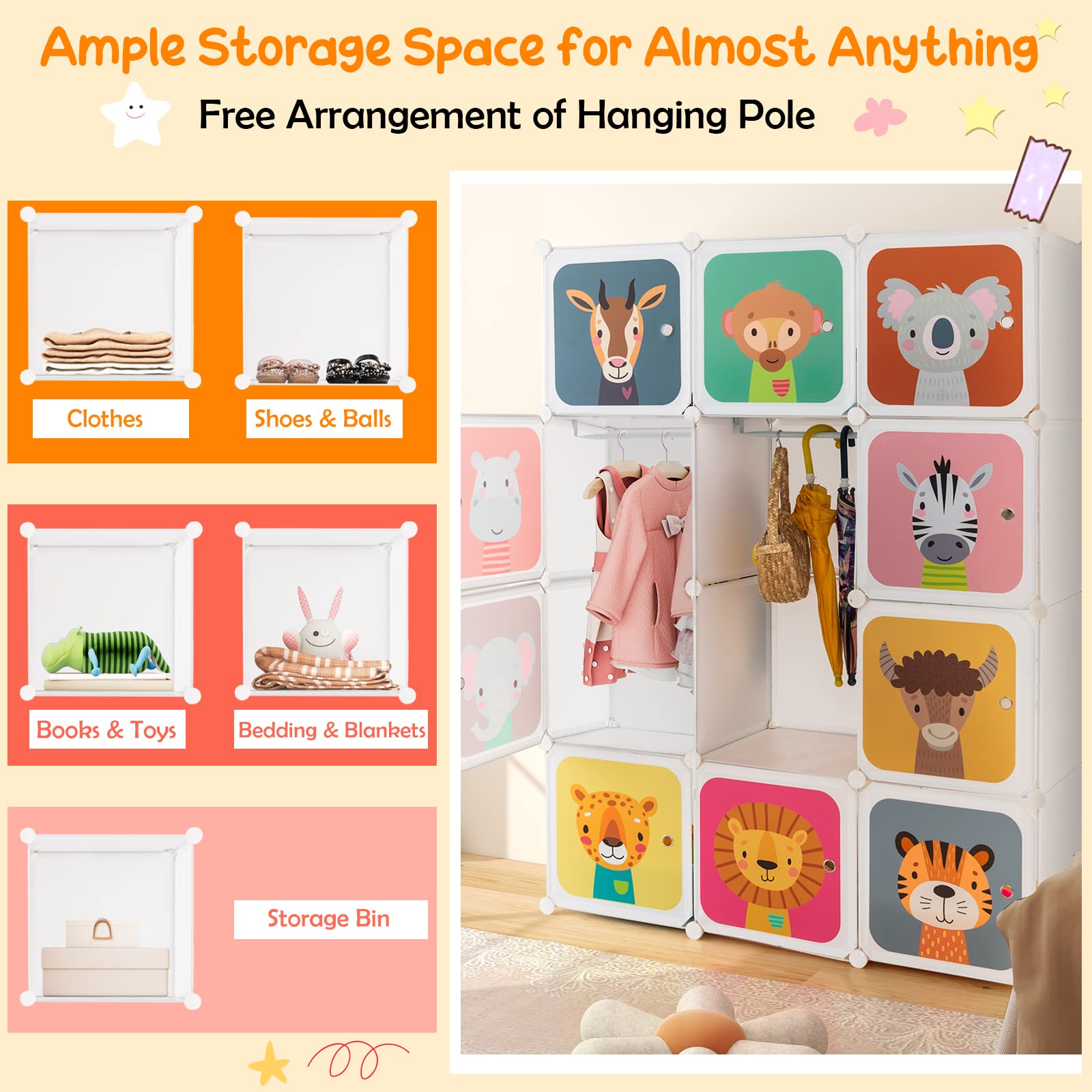 FANTASK Kinder Kleiderschrank, Modularer Kunststoffschrank mit 12 Würfeln, Aufbewahrungsregal mit Türen & Aufhänger, Kleiderschränke für Kinderzimmer Schlafzimmer (Weiß, 12 Würfel)