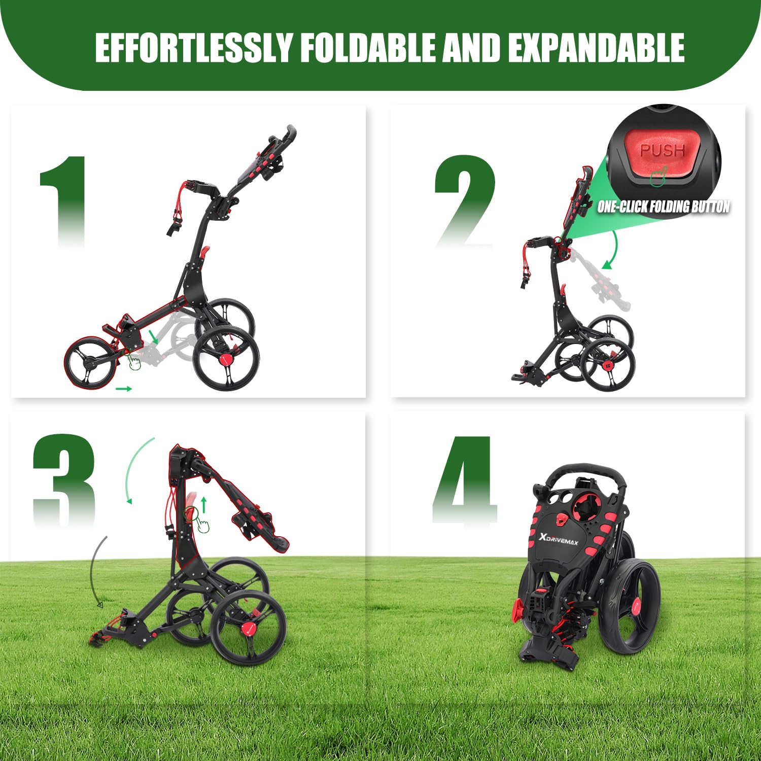 XDriveMax Golf Trolley 3 Rad,Golftrolley Klappbar,Leichter Golf Trolleys für Golfschläger und Golfbag, mit Getränkehalter,Scorekartenhalter und Ablagefach(Grün)