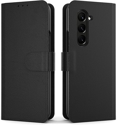 EnCases Funda para Samsung Galaxy Z Fold 5, cartera con correa de mano, piel sintética, 3 ranuras para tarjetas, color negro