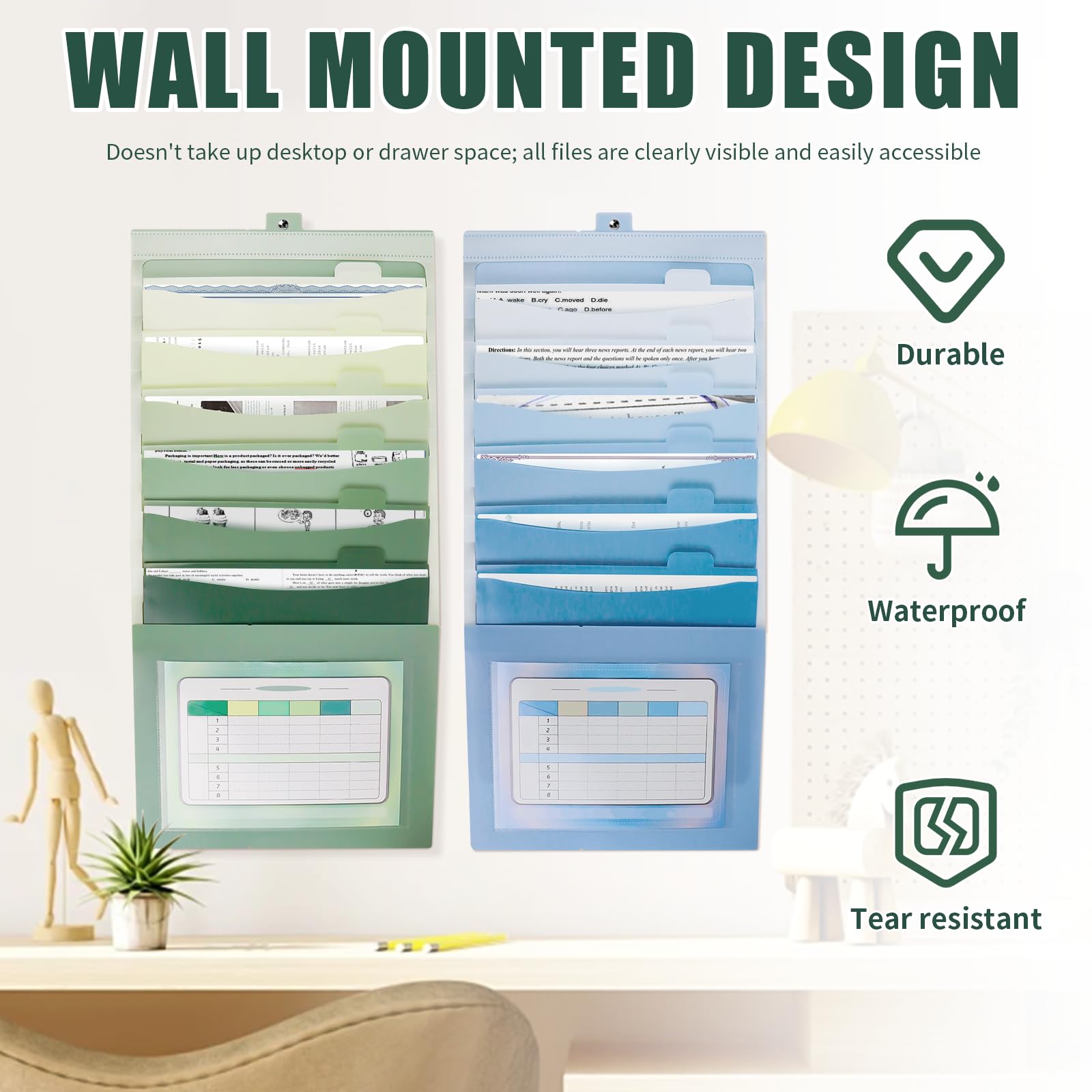 2 Piezas Revistero Pared,Carpeta Clasificadora con 6 Bolsillos Desmontables,Clasificador Documentos,Revistero para Oficina,Escuela,Habitación Niños y Cocina (Verde y Azul)