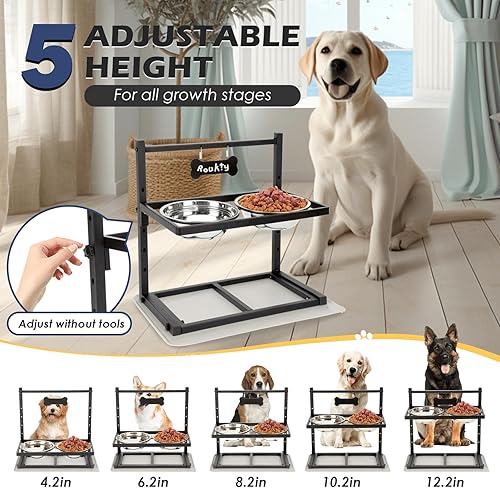 Miniatura 3 de ADENGL Cuencos elevados para perros con comedero lento, 5 alturas ajustables, antideslizantes, marco de metal duradero, tapete a prueba de derrames,