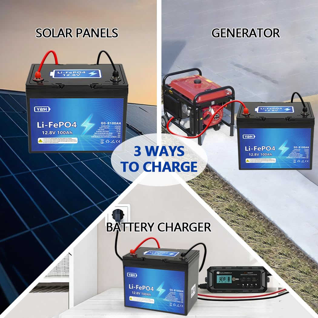 Y&H LiFePO4 Batería de Litio 12V 100Ah con Bluetooth, capacidad de energía máxima 1280Wh, puerto USB, indicador de voltaje en tiempo real, BMS integrado, para motores de trolling, autocaravanas