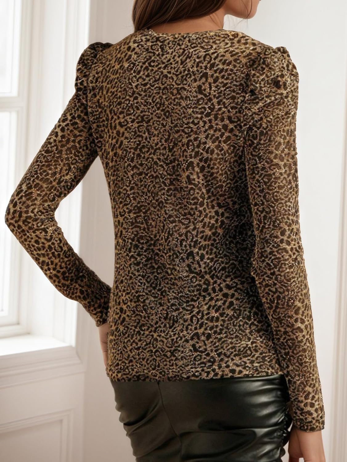 Women's Leopard Crewneck Long Sleeve Blouse Shirt Top - Image 2