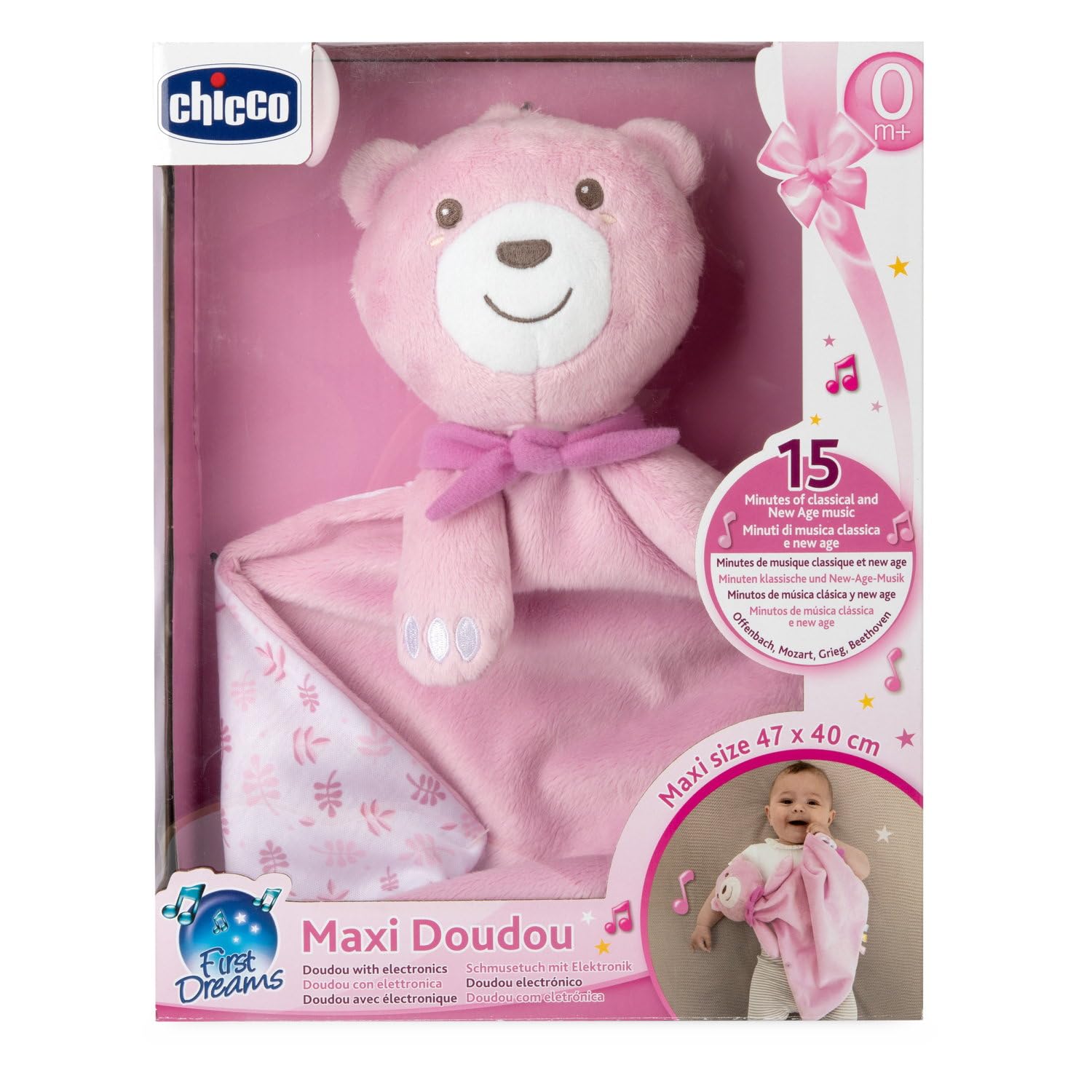 Chicco Gioco Maxi Doudou, Peluche in Morbido Velluto A Forma di Orsetto, con Musica Classica e New Age, Doudou Neonato, Lavabile in Lavatrice, Morbido da Coccolare, Da 0+ Mesi, Rosa, Regalo Neonato