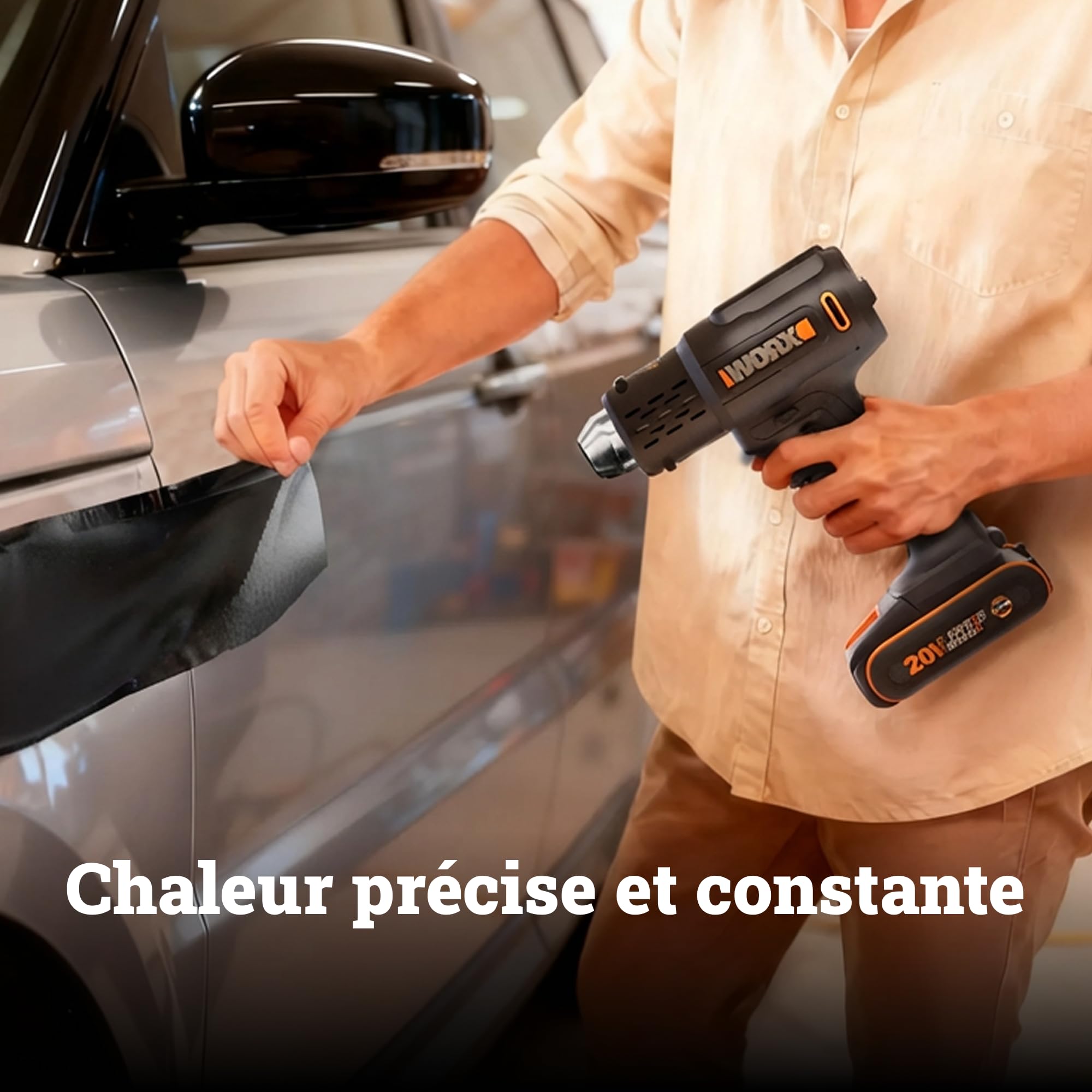 WORX Décapeur thermique sans fil 20V WX015, température réglable de 20 °C à 600 °C, chauffe rapidement, compact et ergonomique, polyvalent, livré avec batterie, chargeur et 3 buses
