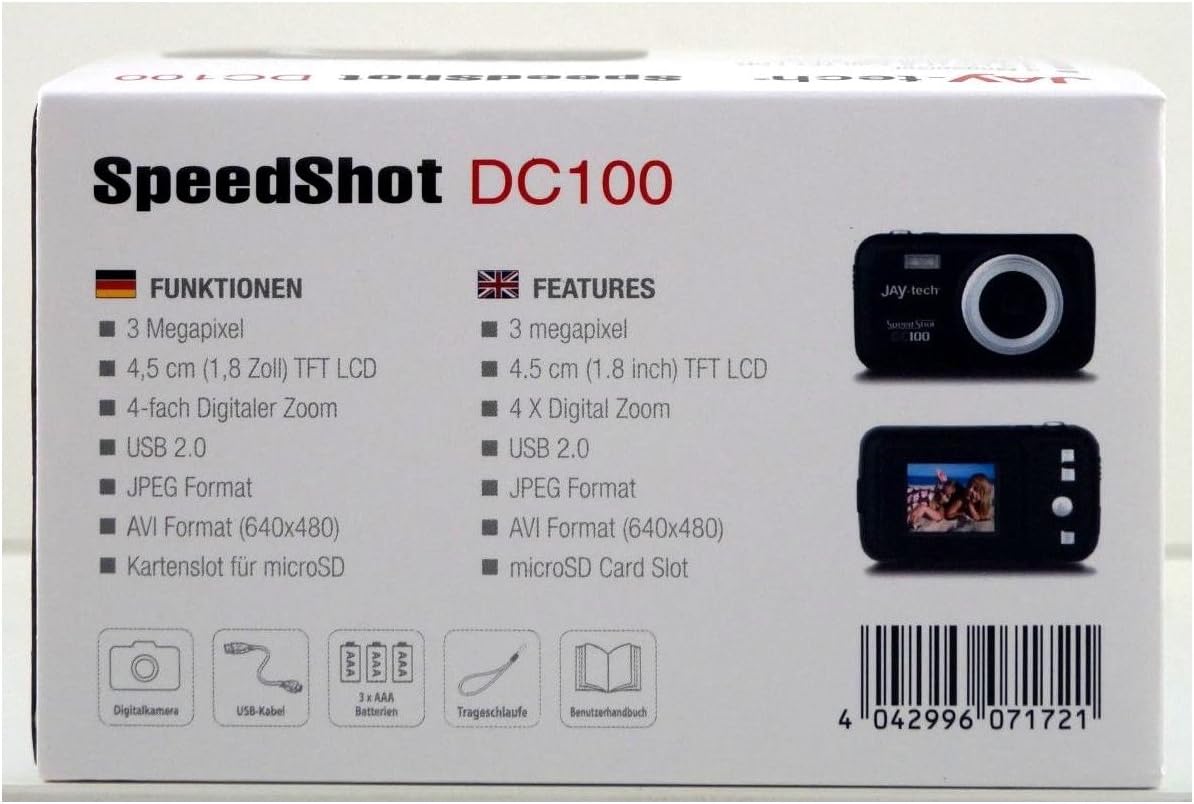 Back of the Jay-Tech Speed Shot DC 100 product box, showing detailed technical specifications in English and German.