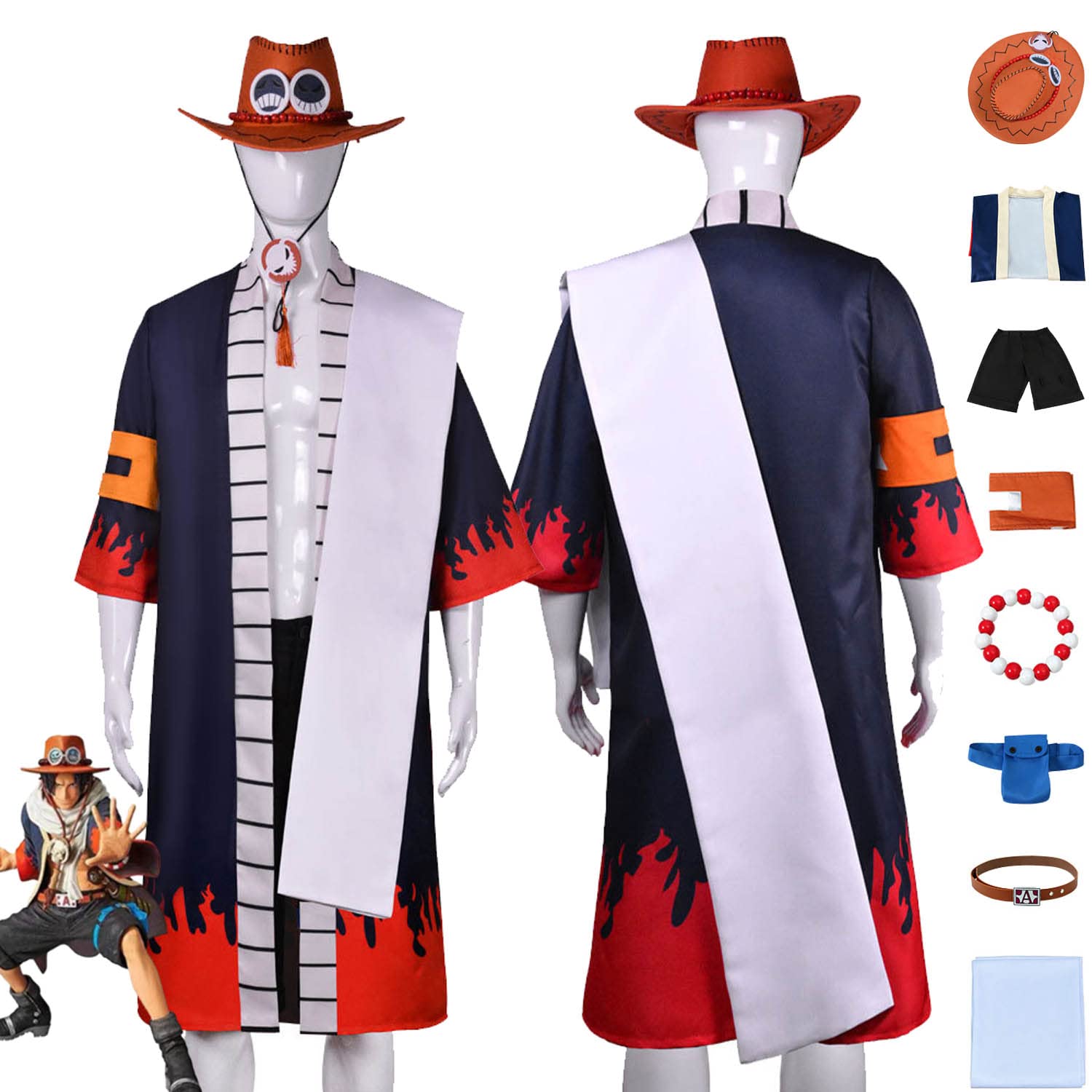 Anime One Piece Portgas D Ace Disfraz de cosplay Monkey D. Luffy Juego de Roles Uniforme Set Completo Halloween Carnaval Fiesta Traje de Vestir con Sombrero para Hombres