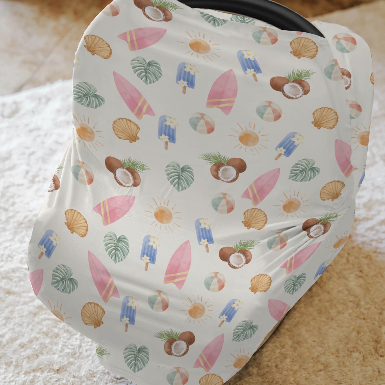 Neutral Summer Beach Car Seat Covers for Babies Surfboard Coconut Seashells Sun Balls Stretchy 5-in-1 Cover Adjustable Infant Carseat Canopy Cover Seaside Holiday Breathable Nursing Cover-Up
