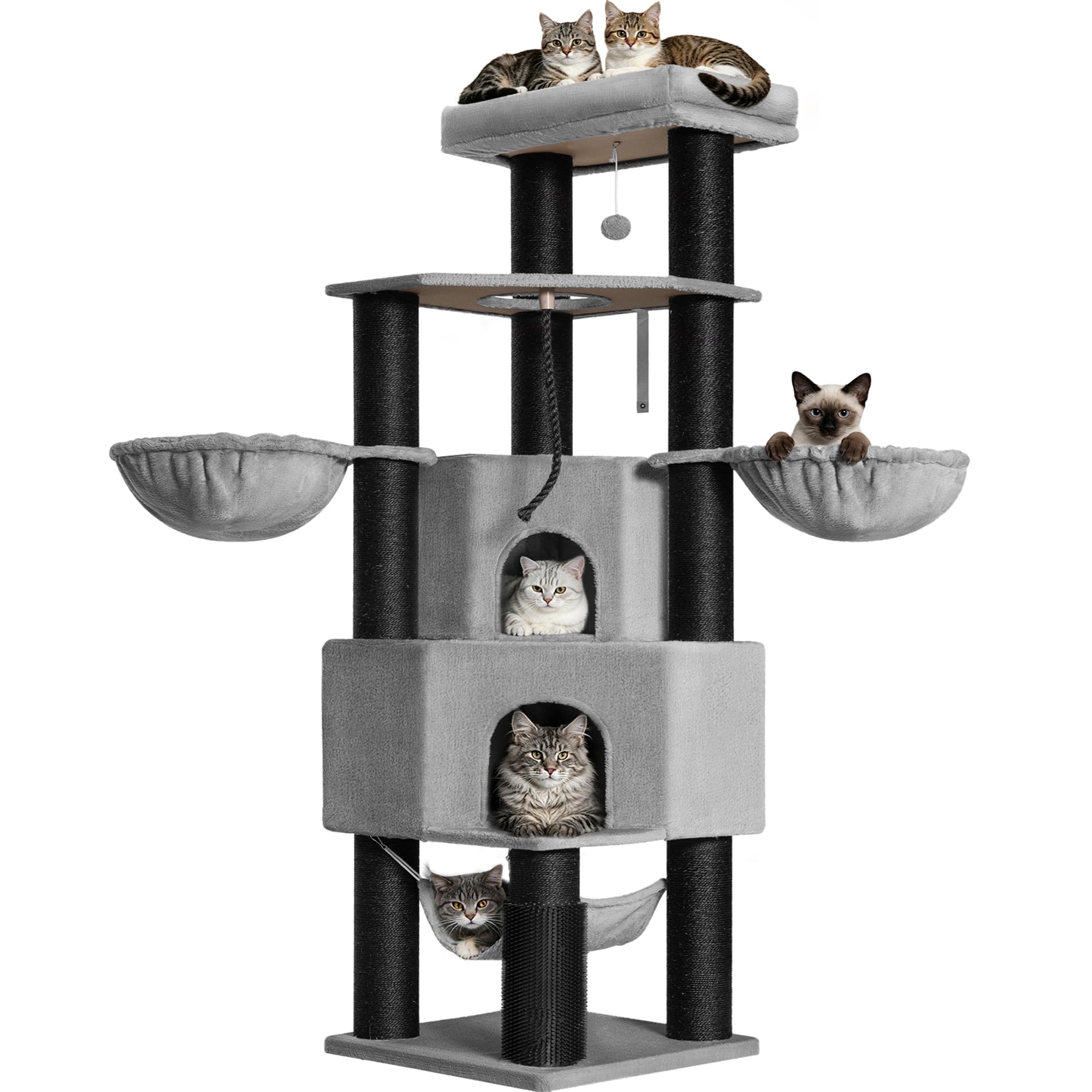 Kratzbaum Große Katzen Stabil, XXL Katzenbaum, 183 cm, Hellgrau | Großen Höhlen, 11 cm Dicker Sisalpfosten, Plattformen, Fellpflegegerät, Dickes Sisalseil, Hängematte, Pompons FPMS018FG1