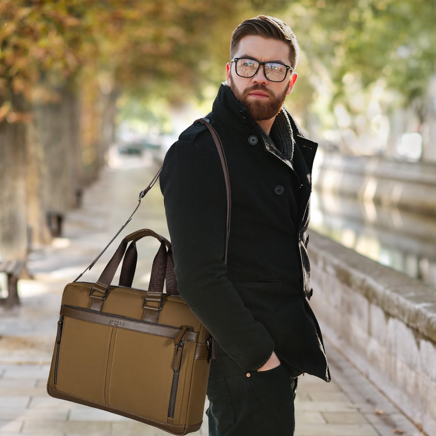 Banuce Briefcase for Men Waterproof 14 Inch Laptop Bag with Detachable and Adjustable Strap for Business Travel Work Slim Light Weight Vintage Brown