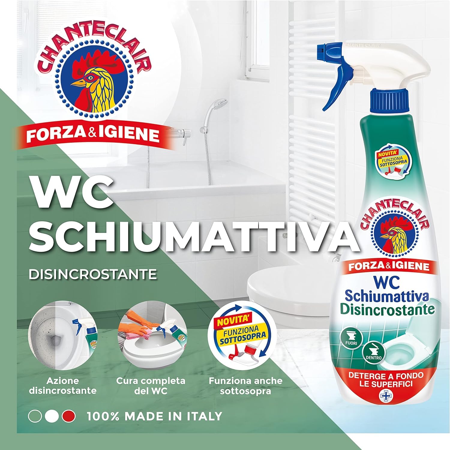 Chanteclair - Pack de prueba para inodoro Schiumattiva Candeggina + Disincrostante + Bagno - Limpiador de inodoro con detergente en espray de 625 ml + llavero Beni Culinari gratuito