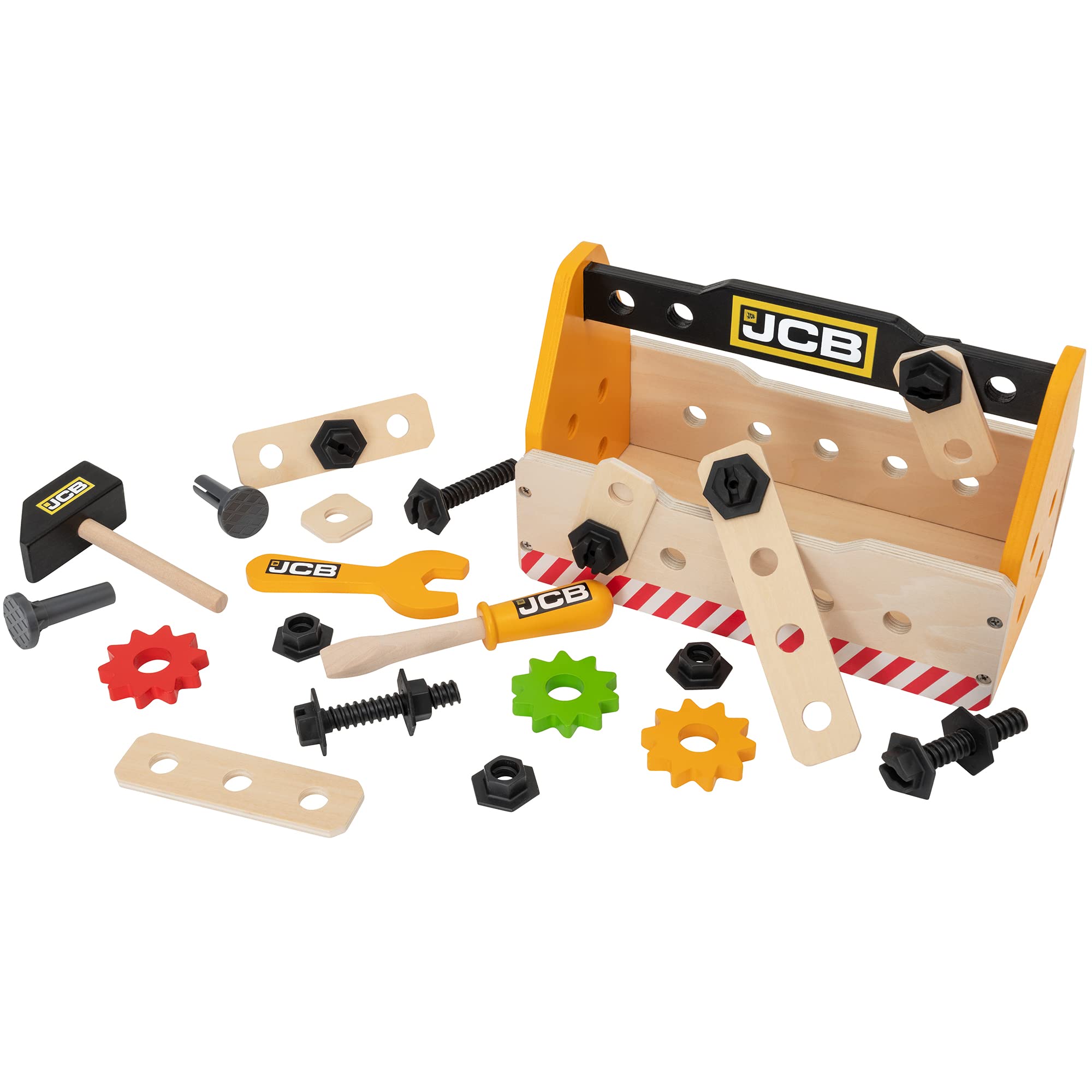 JCB - Kids Toys - Teamsterz Wooden Tool Caddy - Ages 3+, 30 Piece Tool Kit - Kids Construction Toys - Including Hammer, Screwdriver, Spanner, Nuts & Bolts