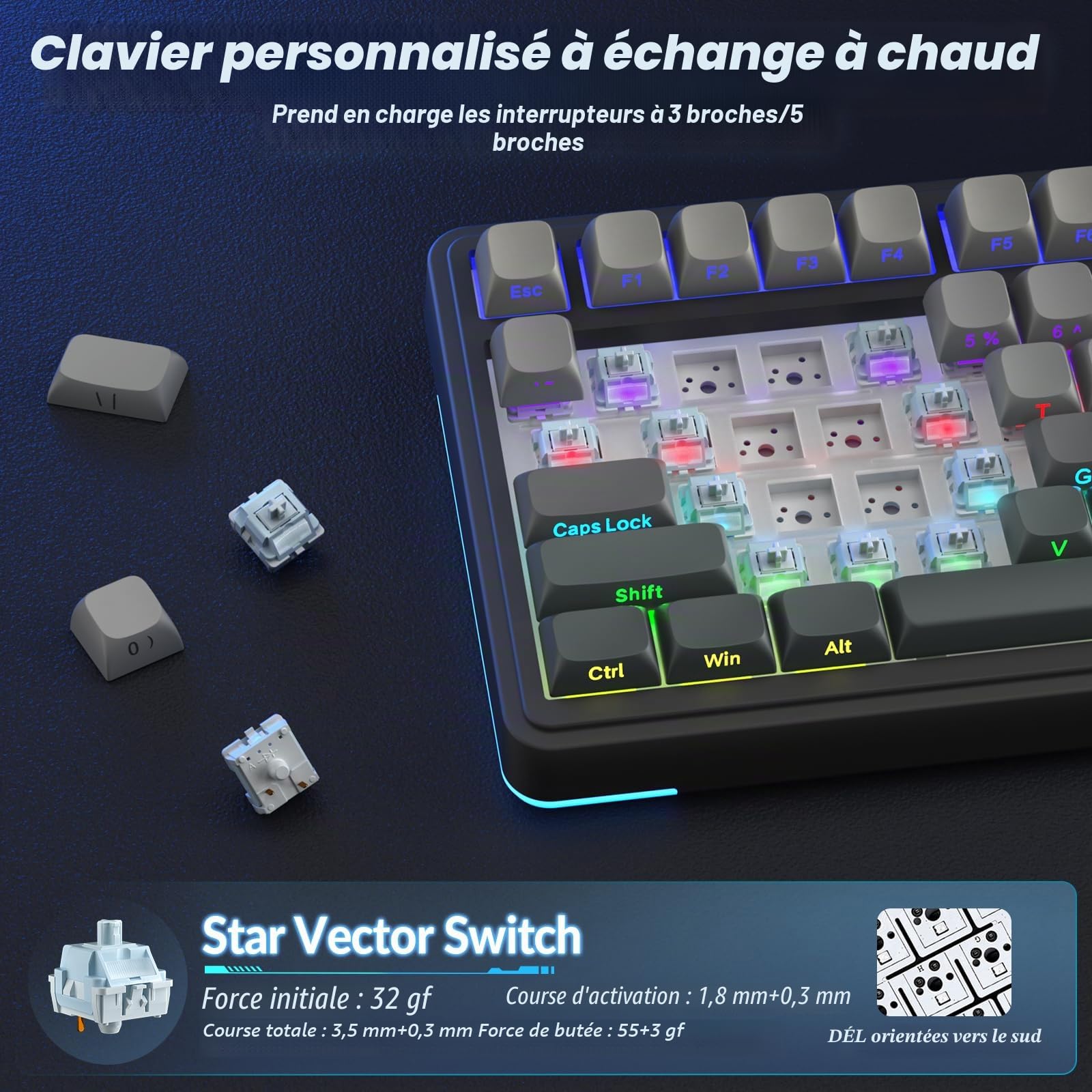 AULA S75 PRO Clavier mécanique sans fil avec écran et bouton, clavier de jeu trimode remplaçable à chaud, 75 %, commutateurs pré-lubrifiés, rétroéclairage RVB, touches PBT imprimées sur le côté