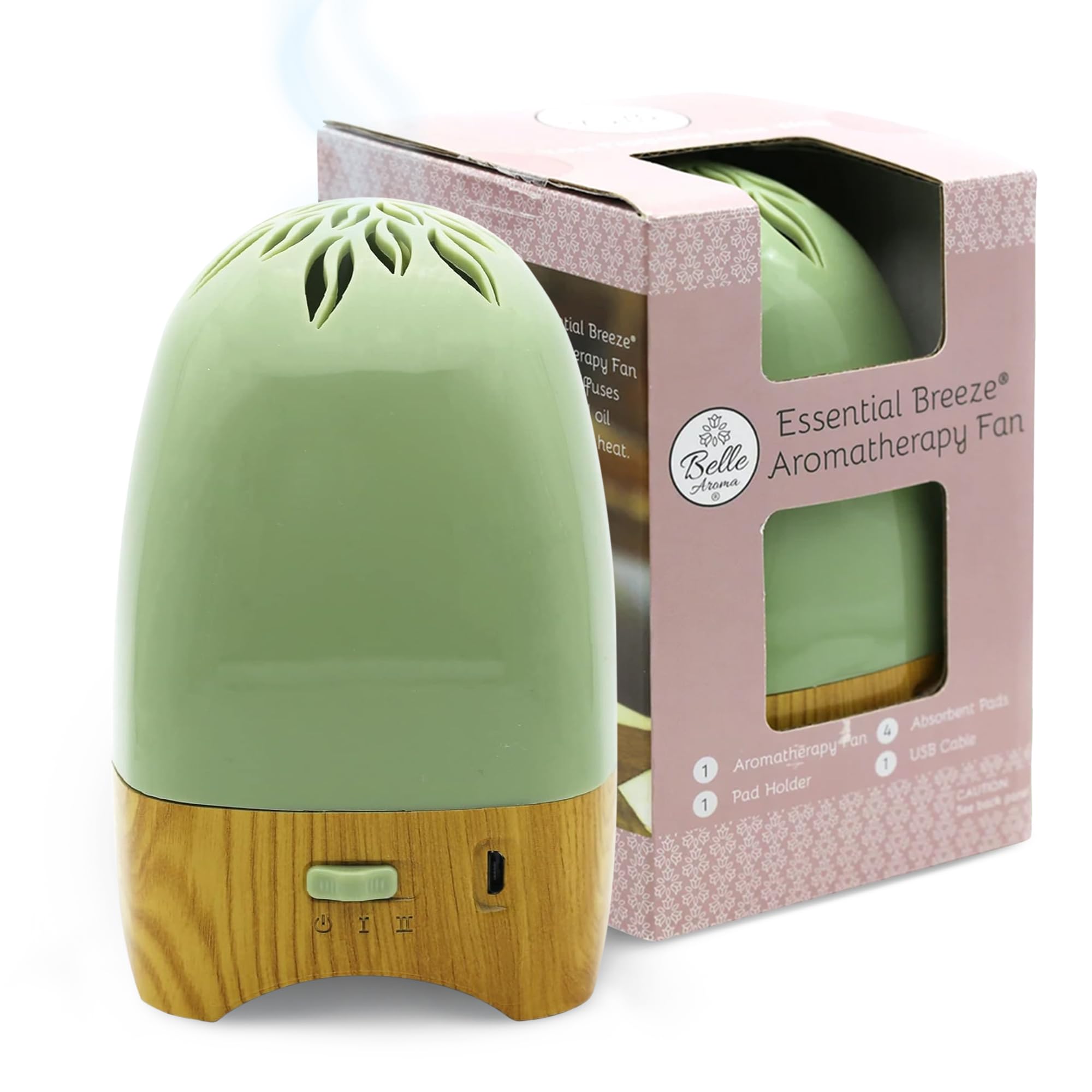 Essential Breeze Aromatherapy Fan Essential Oil Diffuser - Portable Heatless & Waterless Scent Diffuser, USB/Battery Operated, Time-Released Fragrance for Home, Car, Office - Sage Green