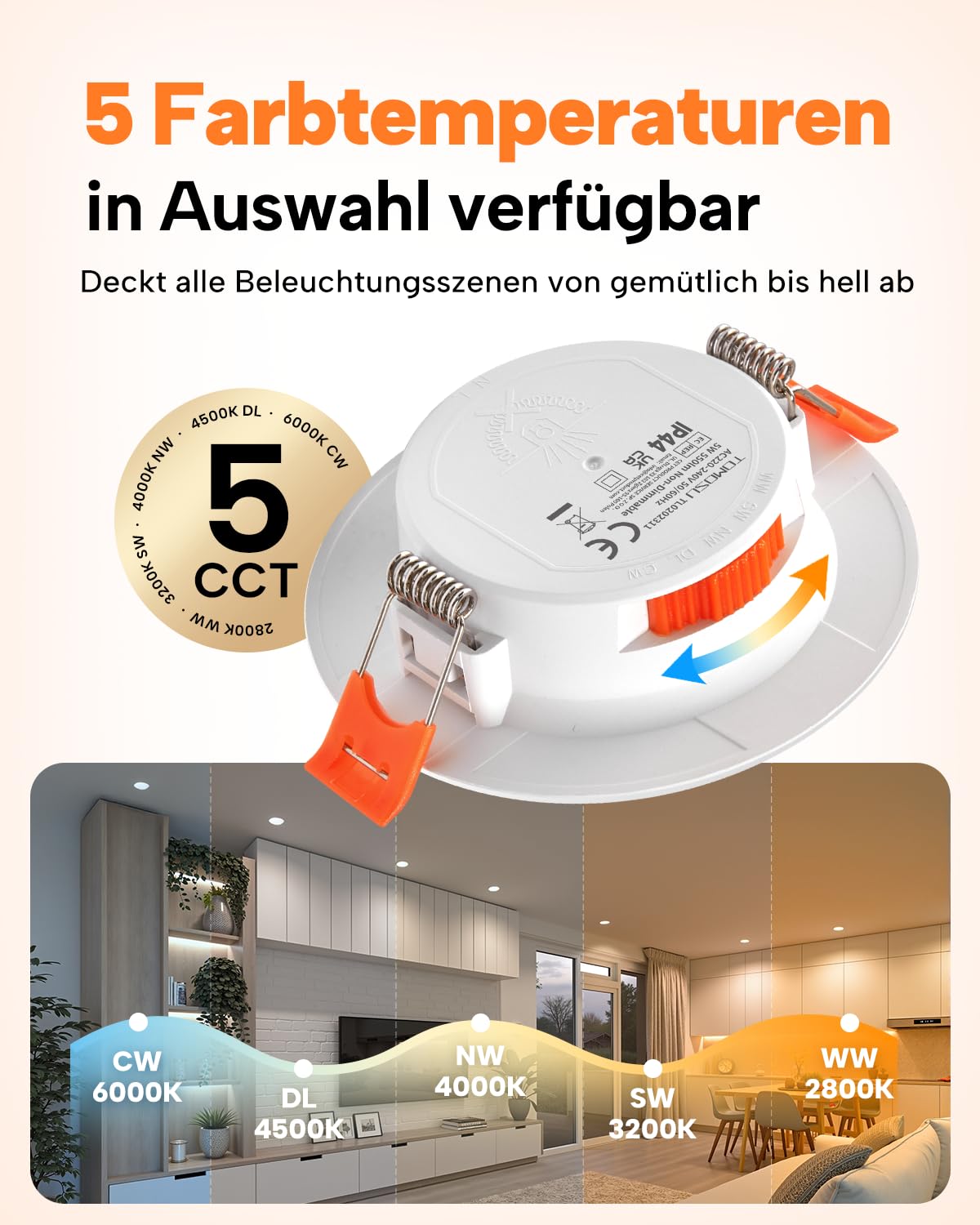 Tomosu 20er 5CCT Led Einbaustrahler 230v 68mm, 5W Led Spots 230v 550LM, IP44 Einbauleuchten Decke 68-80mm Lochmaß, Einbauspots Warmweiß Neutralweiß Kaltweiß Decken Spots für Badezimmer Küche