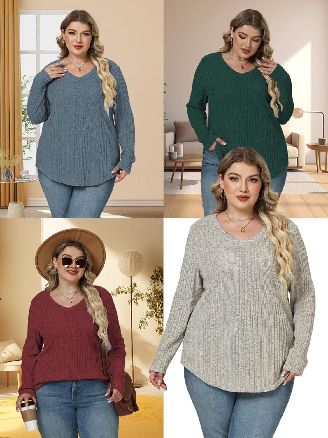 ROSRISS Plus-Size-Long-Sleeve-Tops for women Dressy V Neck Shirts Casual Ribbed Knit Tees Lightweight Tunic Sweaters - Image 7