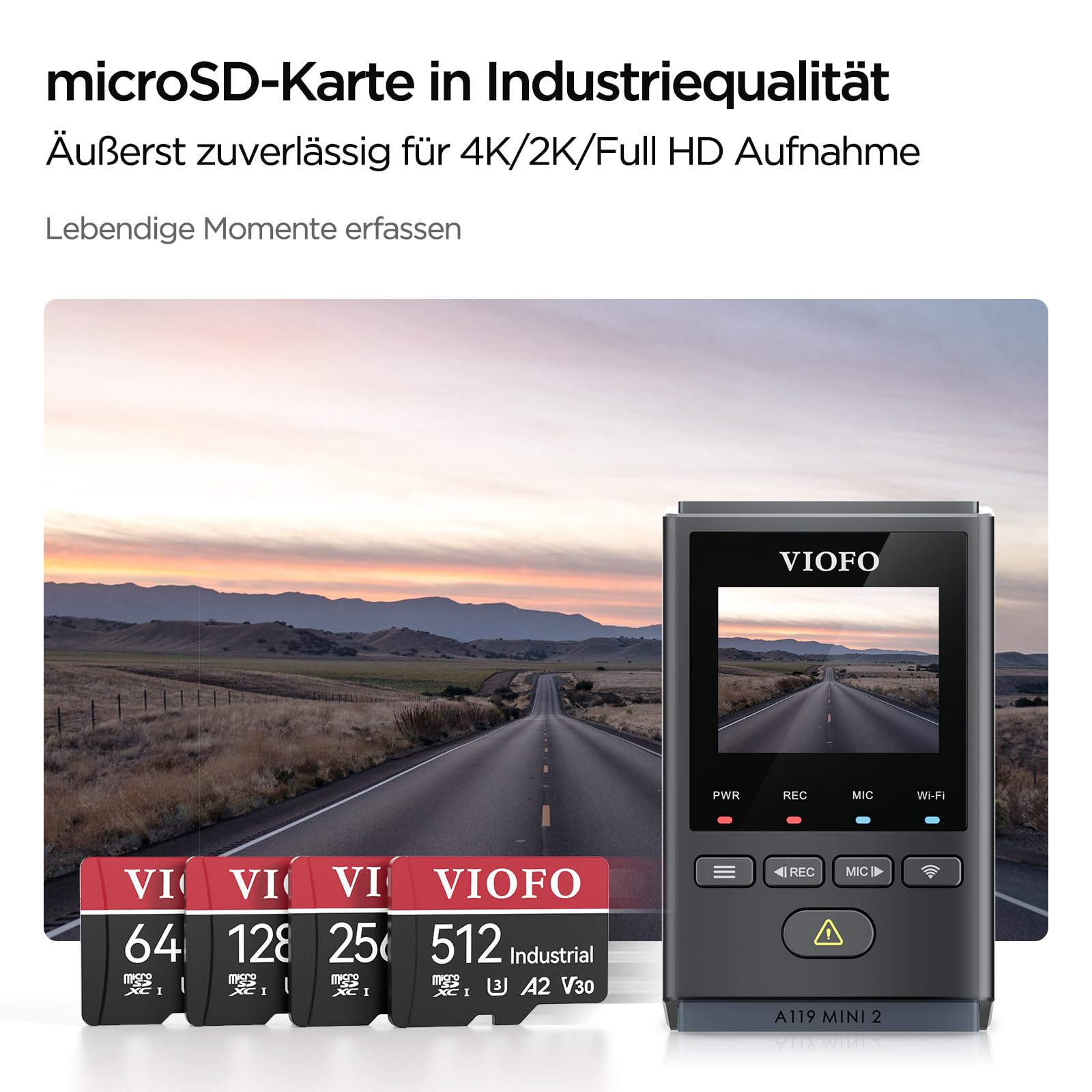 VIOFO 512 GB microSD Karte Industriequalität U3 A2 V30 Hochgeschwindigkeit Speicherkarte Adapter für 4K Videoaufzeichnung Dashcam Action Kamera