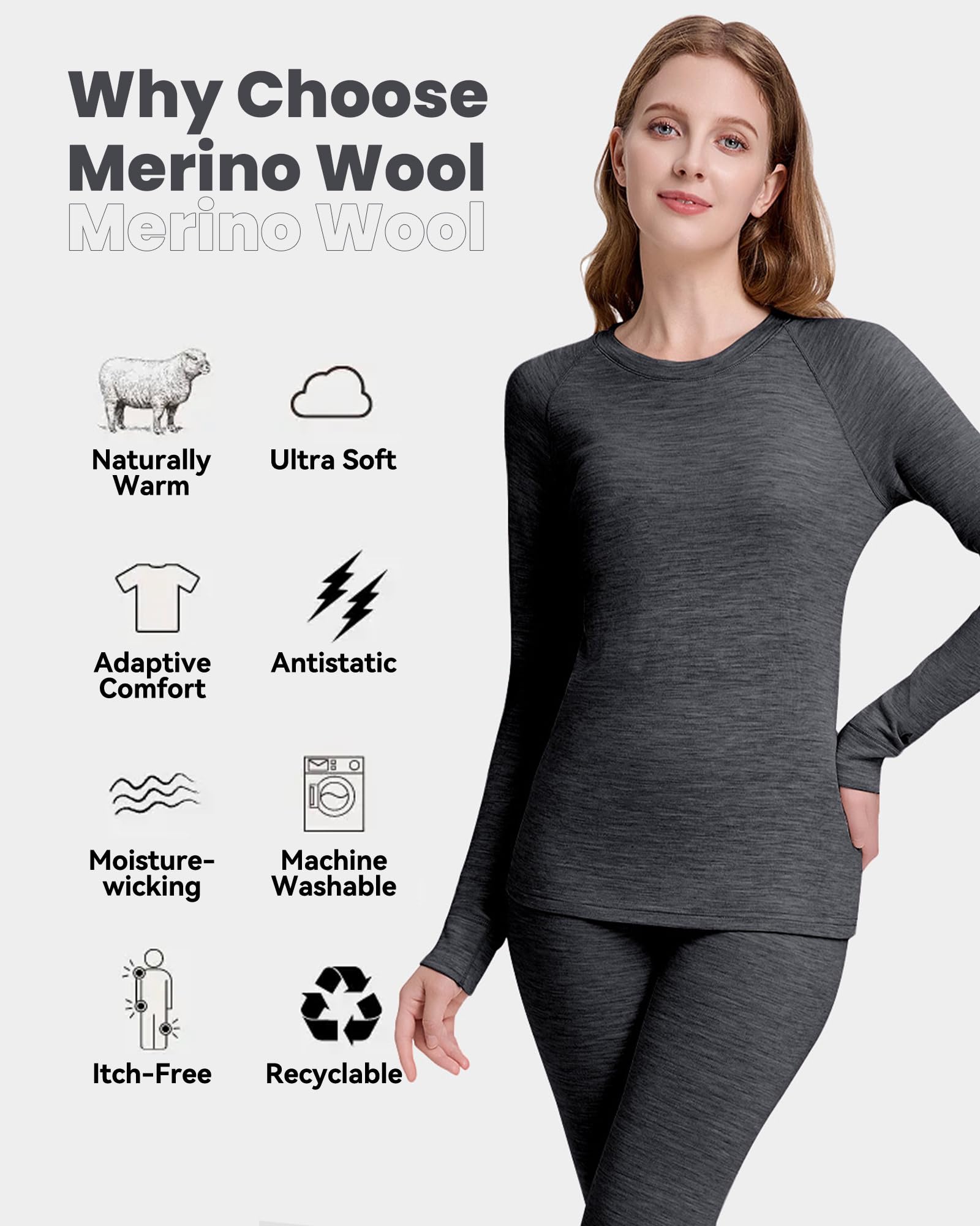 Ropa interior térmica para mujer, 100% lana merino, camiseta de manga larga ligera y transpirable, ideal para esquí, exterior e invierno